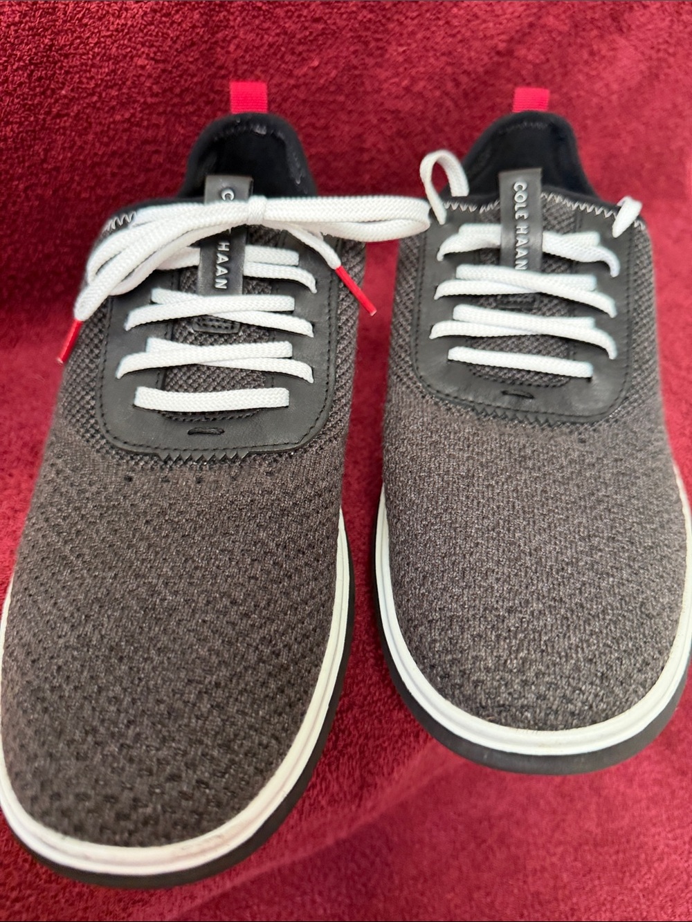 Cole Haan Men's Charcoal Knit Sneaker with White Laces and Red Heel Tab